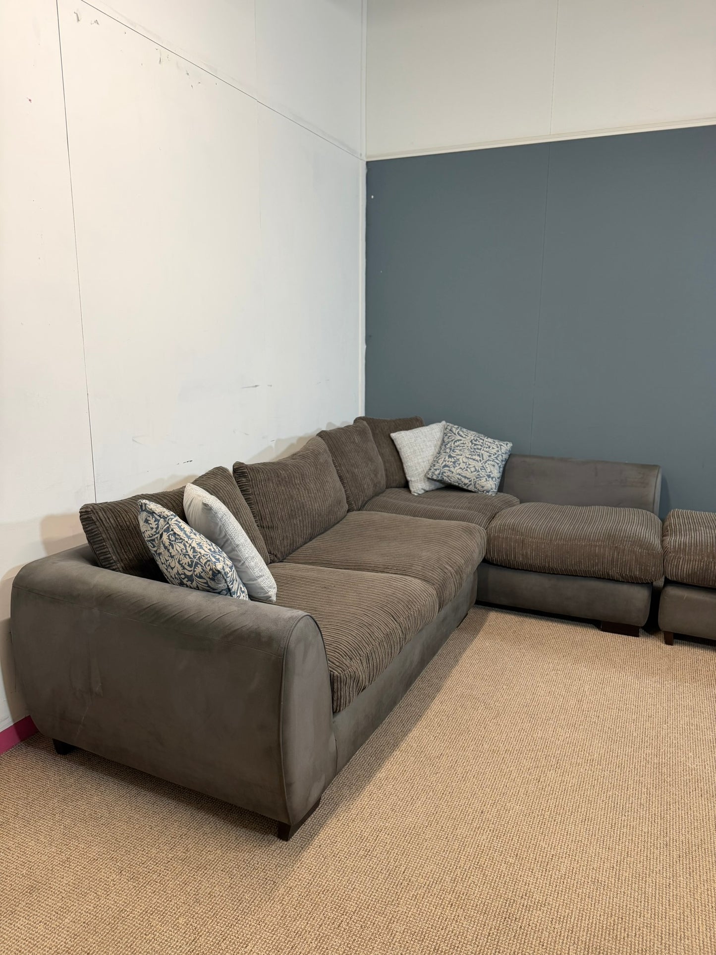 Two-Tone Grey Cordory & Soft Fabric Corner Sofa & Footstool
