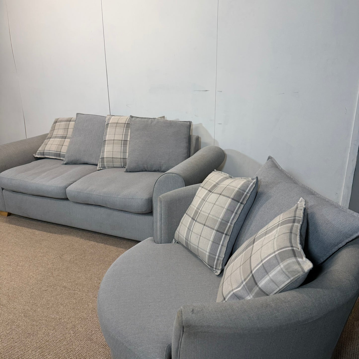 dfs Three Seater & Swivel Chair | Soft Light Grey Fabric Pillow Back