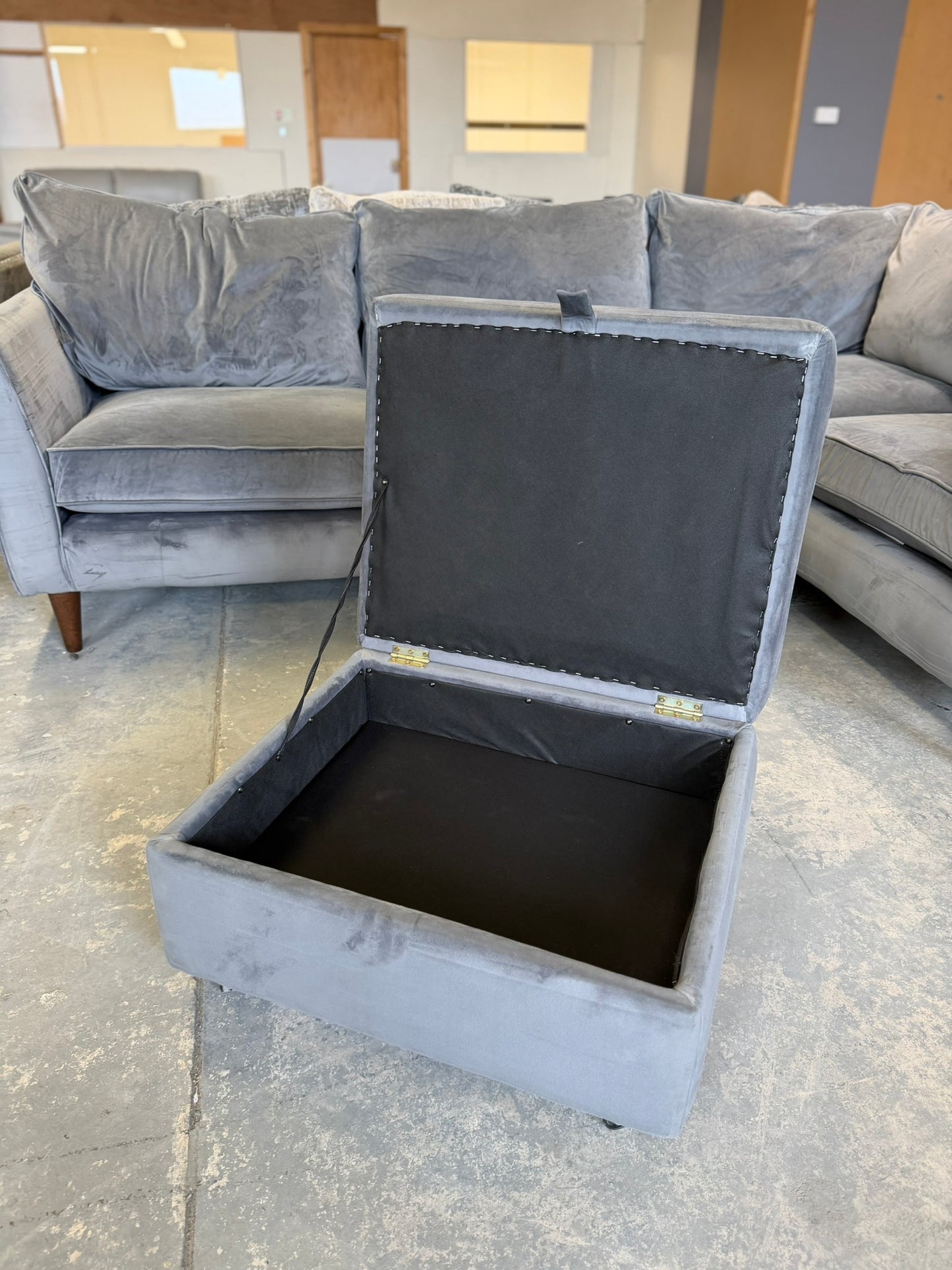 Large Dark Grey Soft Fabric Corner Sofa, Armchair & Storage Footstool
