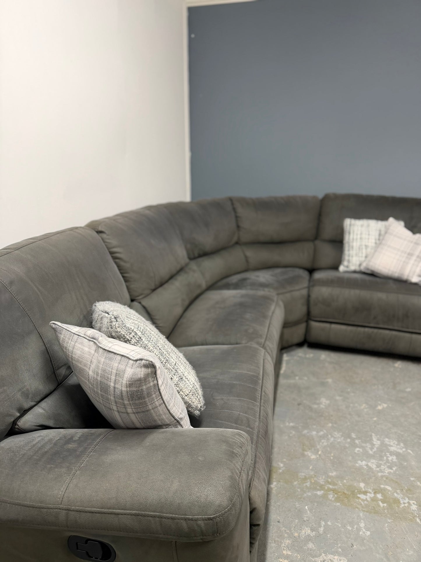 Harvey Norman Dark Grey Suede Corner Recliner