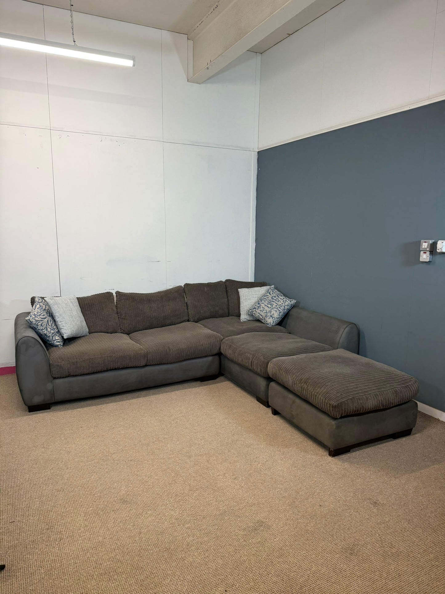 Two-Tone Grey Cordory & Soft Fabric Corner Sofa & Footstool