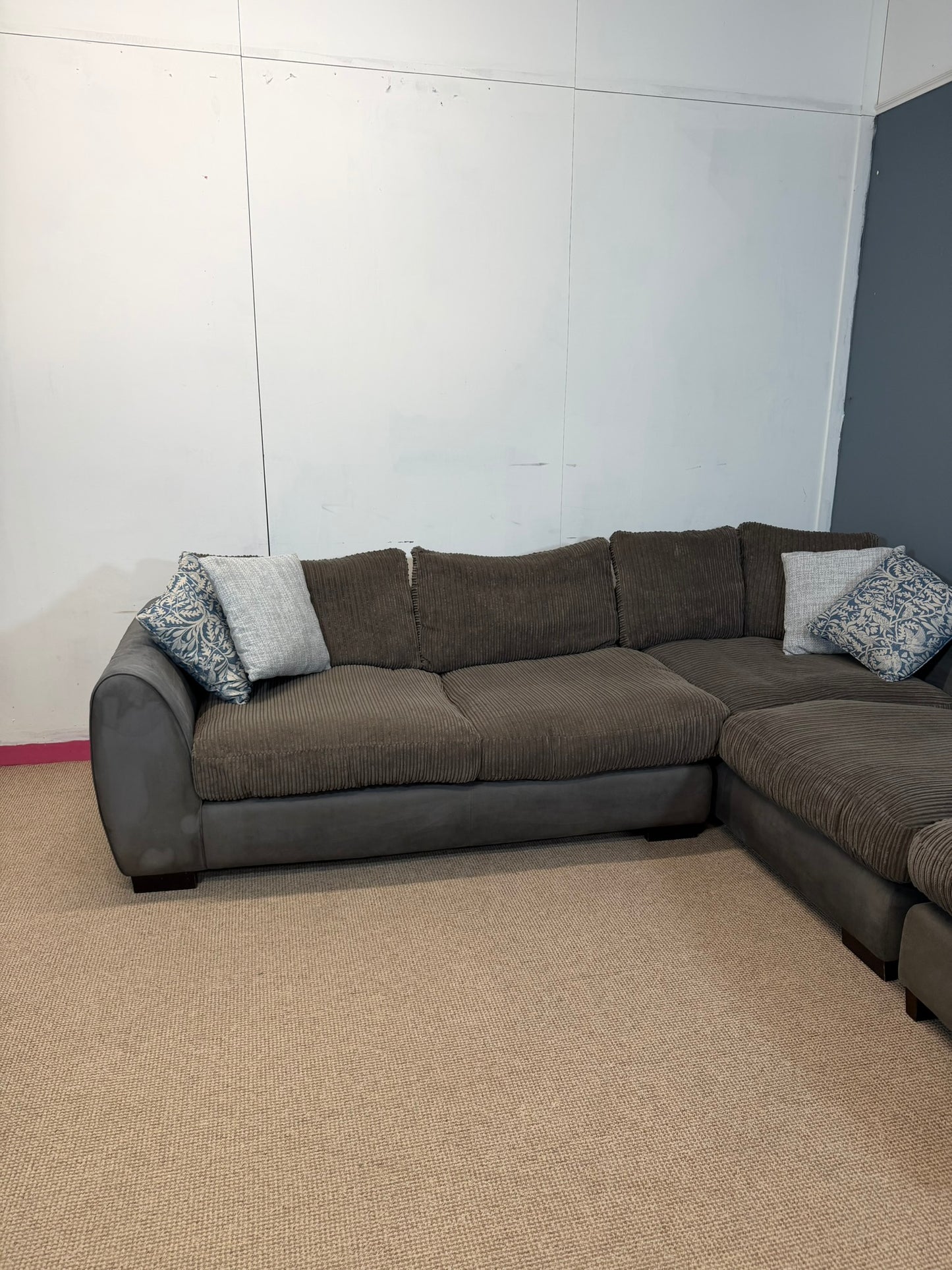 Two-Tone Grey Cordory & Soft Fabric Corner Sofa & Footstool