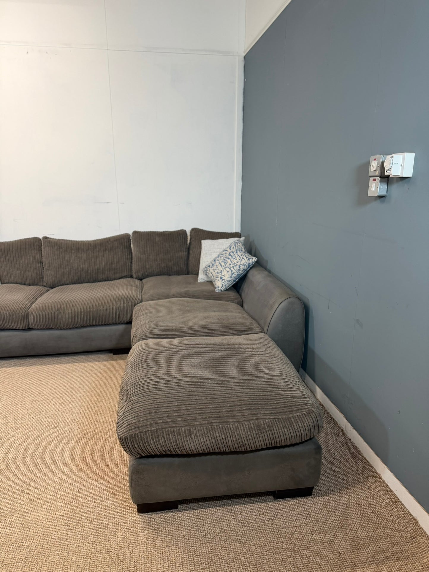 Two-Tone Grey Cordory & Soft Fabric Corner Sofa & Footstool