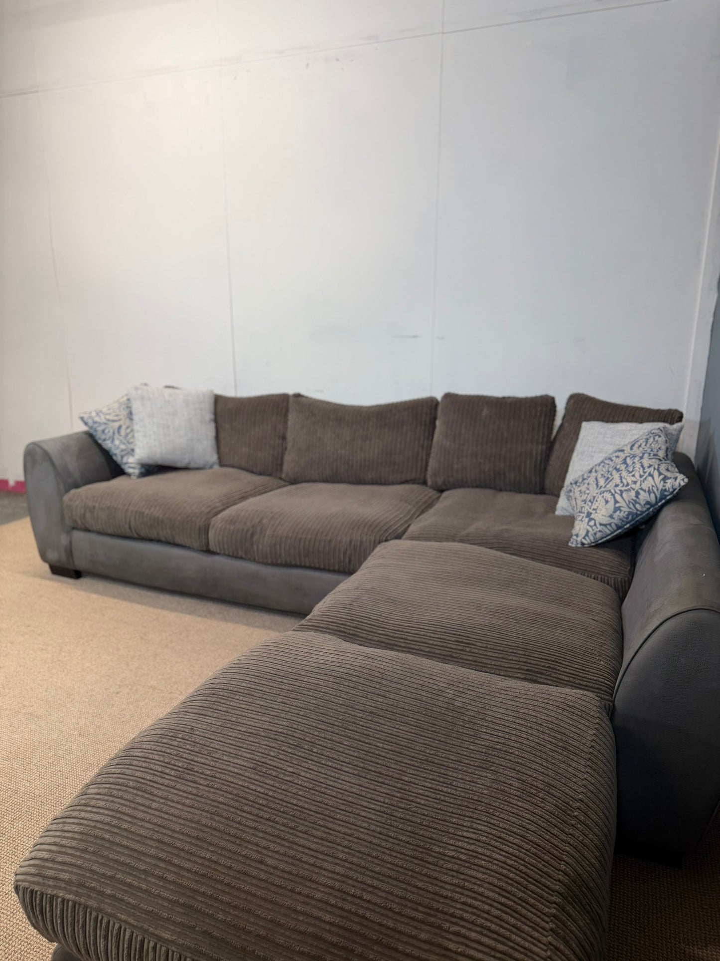 Two-Tone Grey Cordory & Soft Fabric Corner Sofa & Footstool