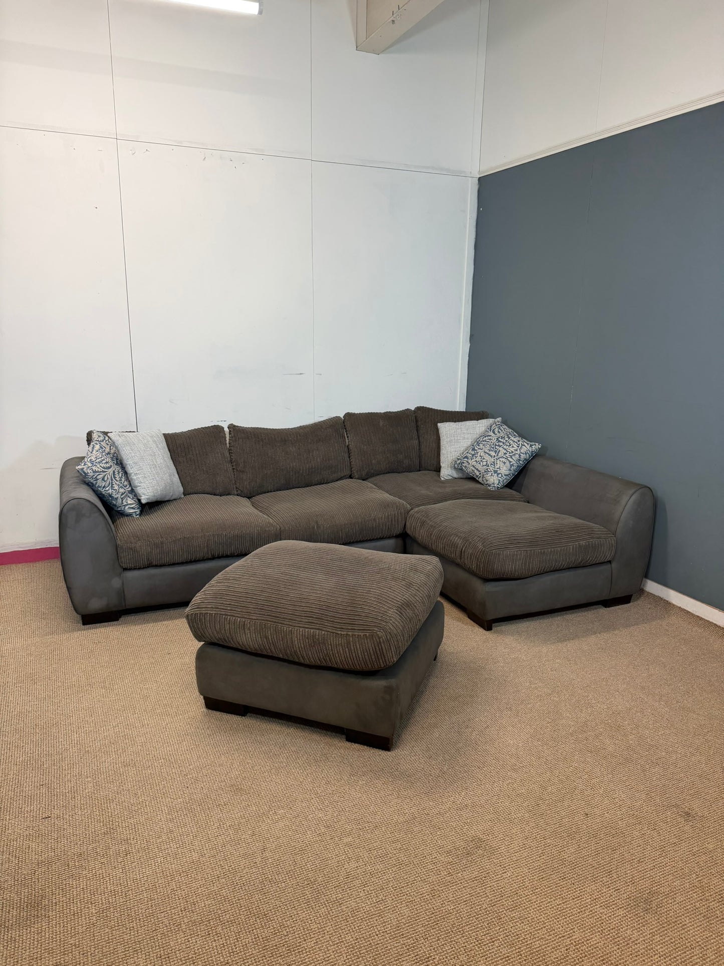 Two-Tone Grey Cordory & Soft Fabric Corner Sofa & Footstool