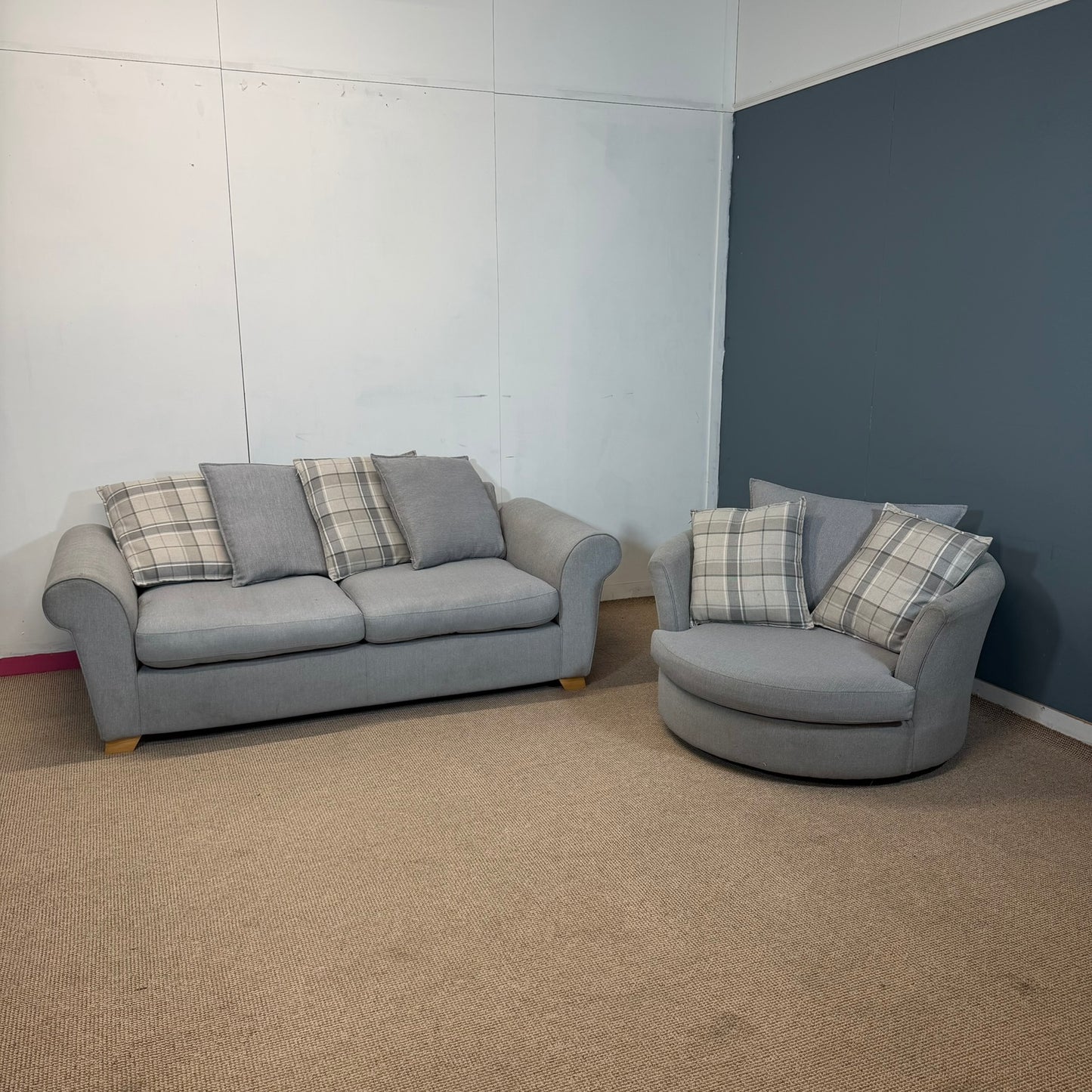 dfs Three Seater & Swivel Chair | Soft Light Grey Fabric Pillow Back
