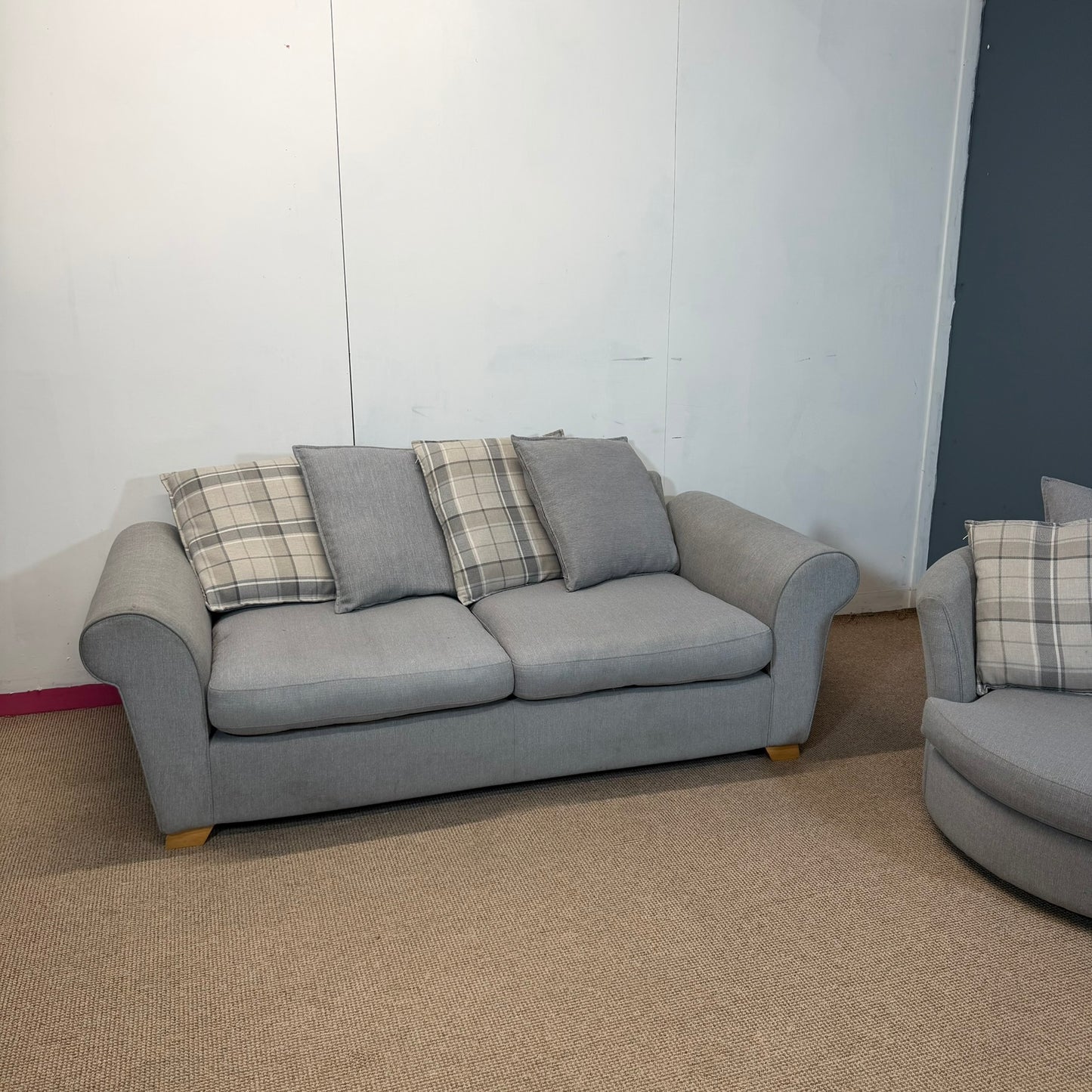 dfs Three Seater & Swivel Chair | Soft Light Grey Fabric Pillow Back