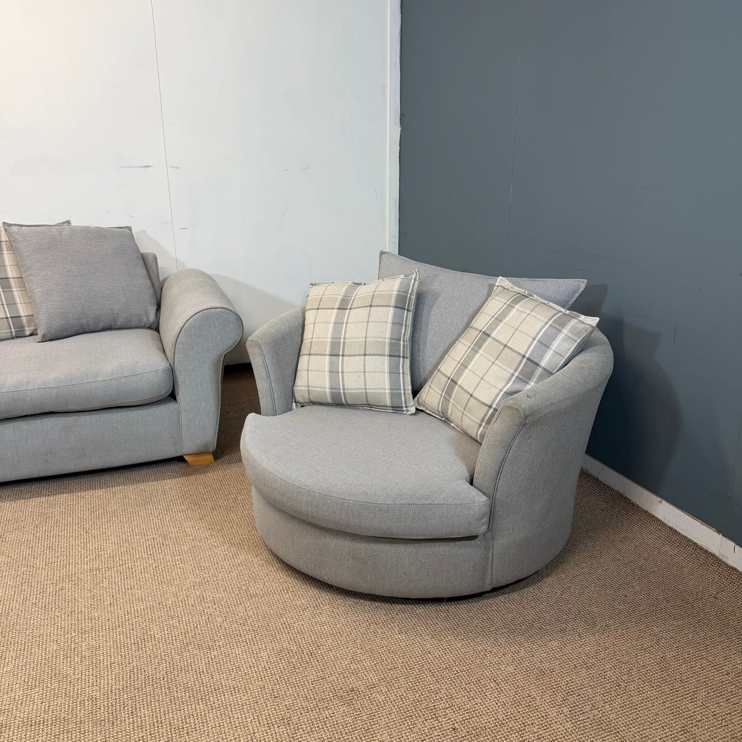 dfs Three Seater & Swivel Chair | Soft Light Grey Fabric Pillow Back