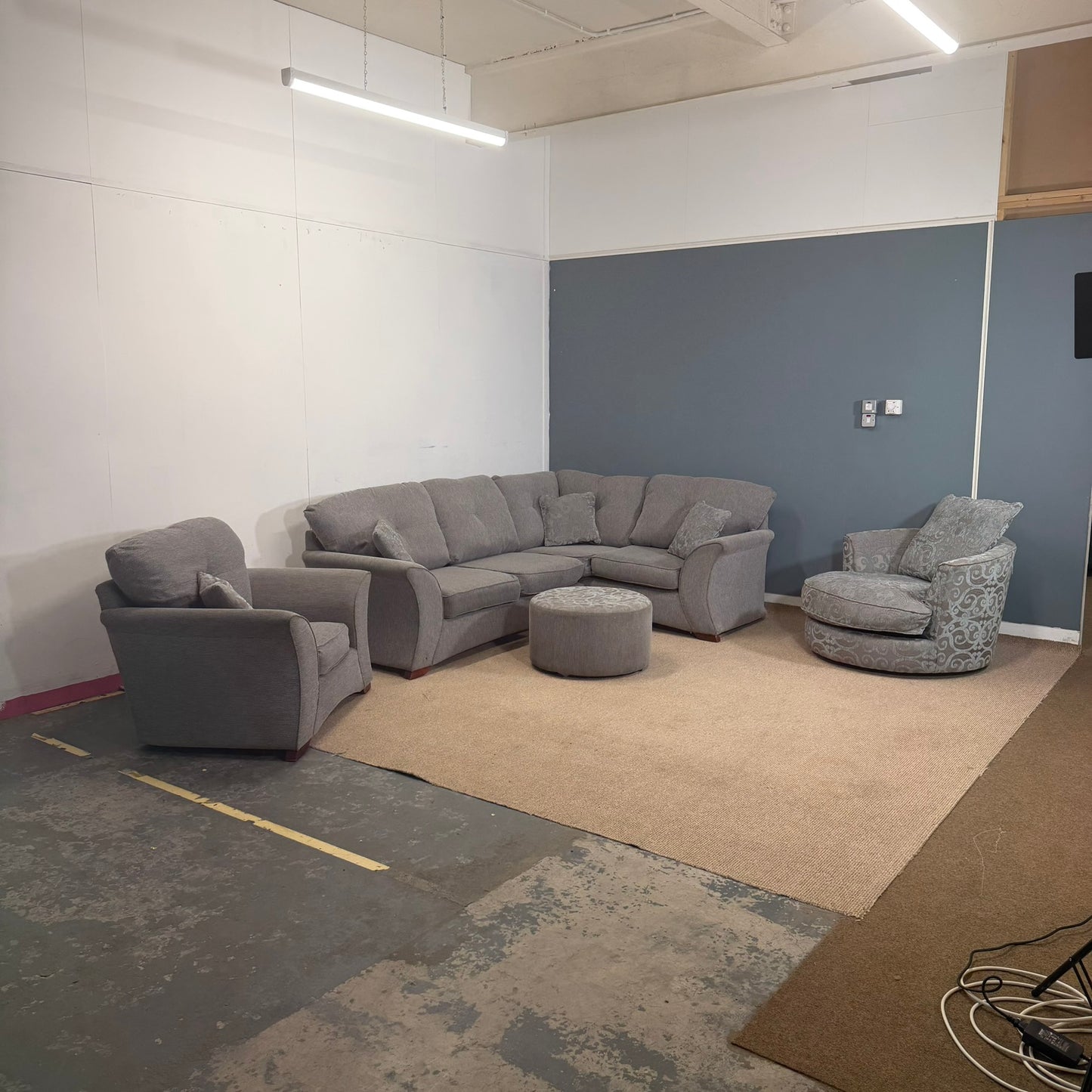 Complete Sofa Set - Grey Fabric Corner, Armchair, Footstool & Swivel Chair