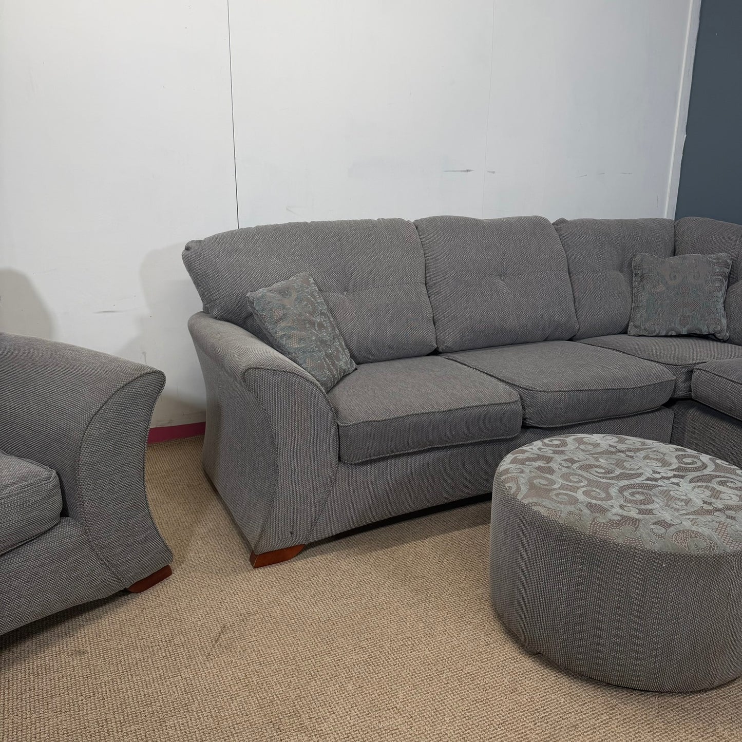 Complete Sofa Set - Grey Fabric Corner, Armchair, Footstool & Swivel Chair