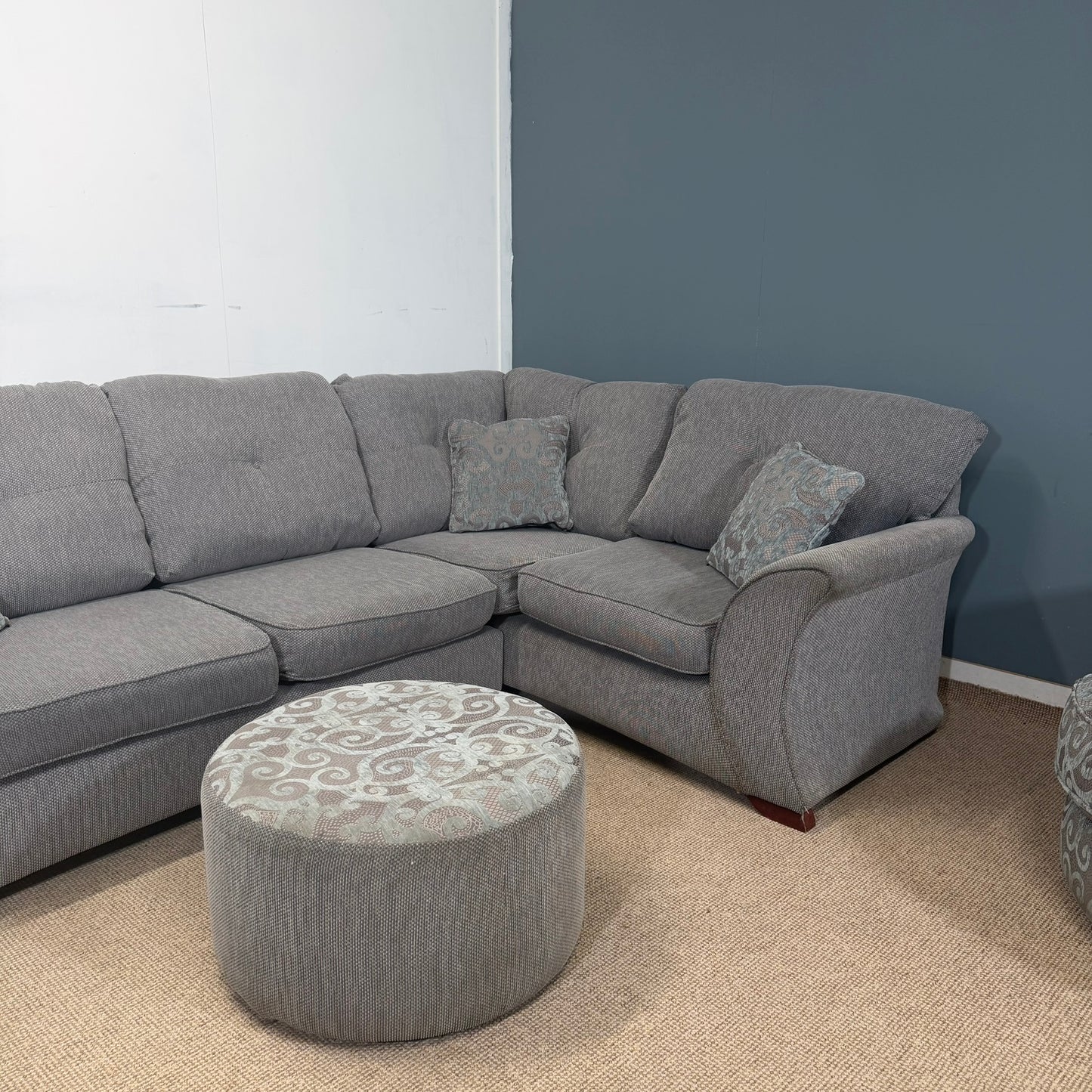 Complete Sofa Set - Grey Fabric Corner, Armchair, Footstool & Swivel Chair