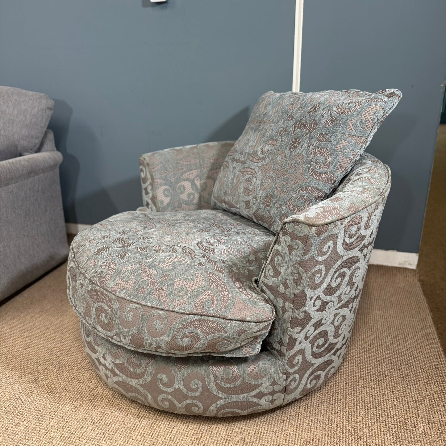 Complete Sofa Set - Grey Fabric Corner, Armchair, Footstool & Swivel Chair