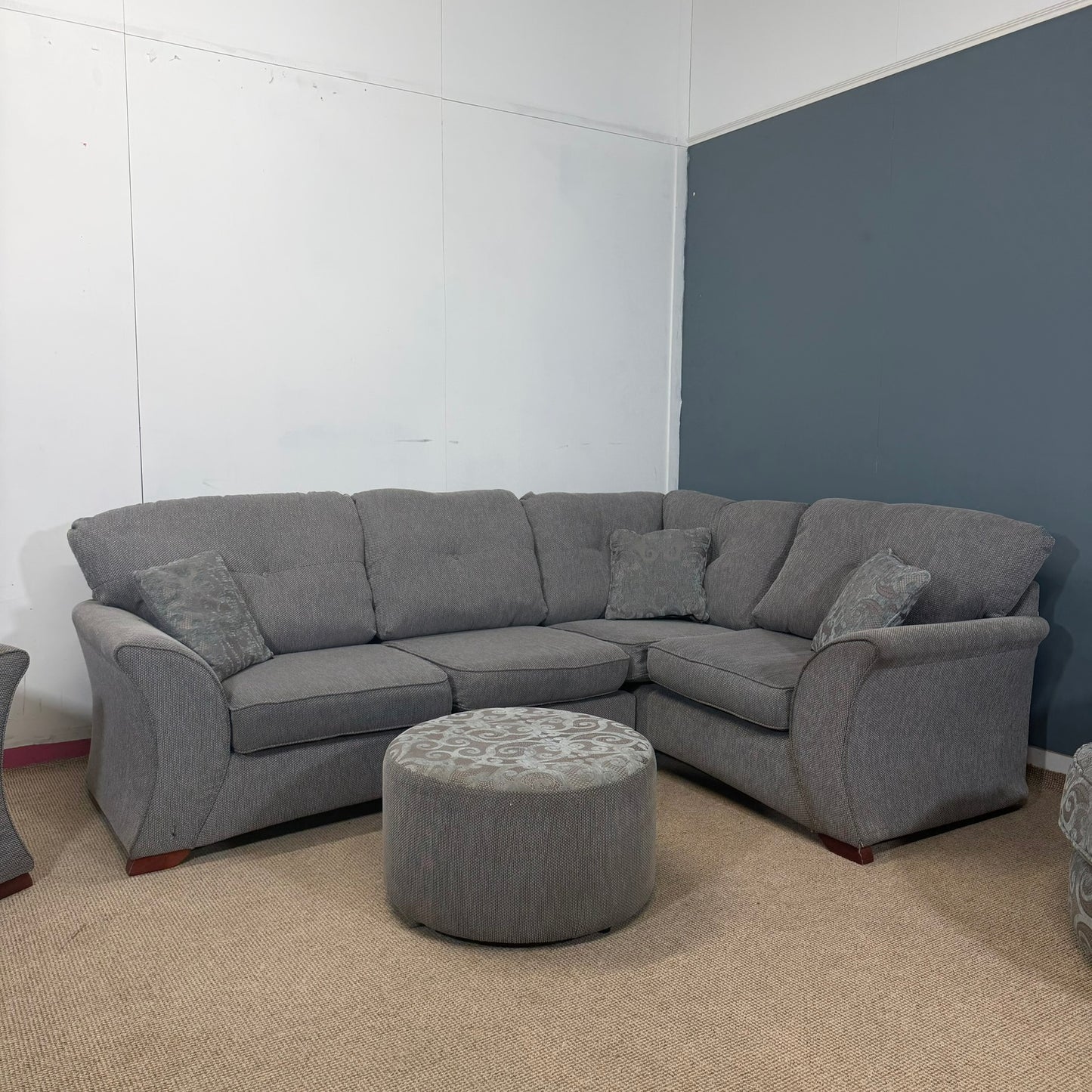 Complete Sofa Set - Grey Fabric Corner, Armchair, Footstool & Swivel Chair