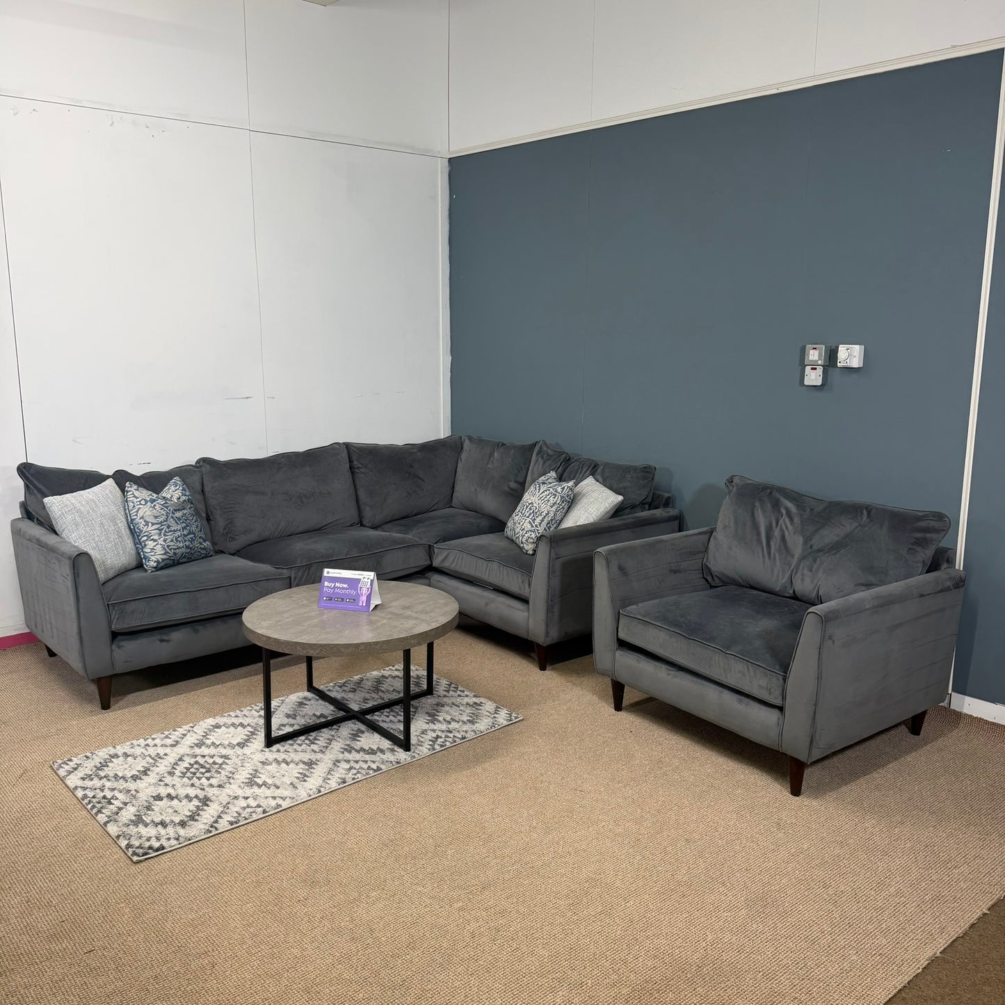 Large Dark Grey Soft Fabric Corner Sofa, Armchair & Storage Footstool