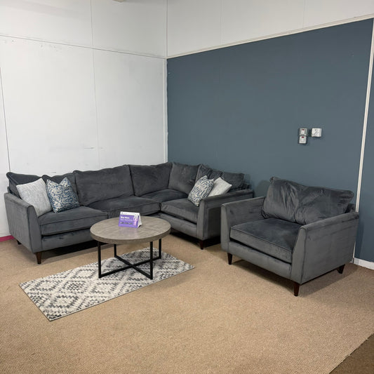 Large Dark Grey Soft Fabric Corner Sofa, Armchair & Storage Footstool