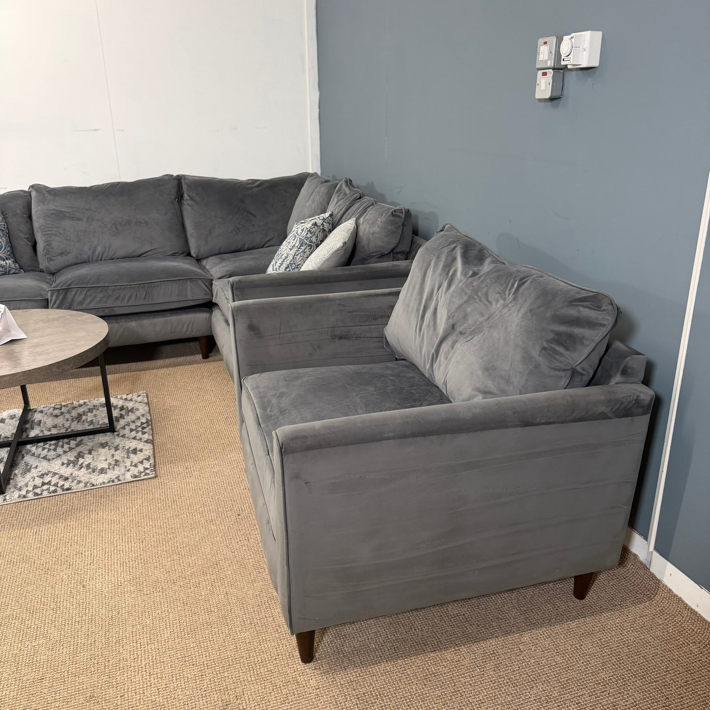 Large Dark Grey Soft Fabric Corner Sofa, Armchair & Storage Footstool