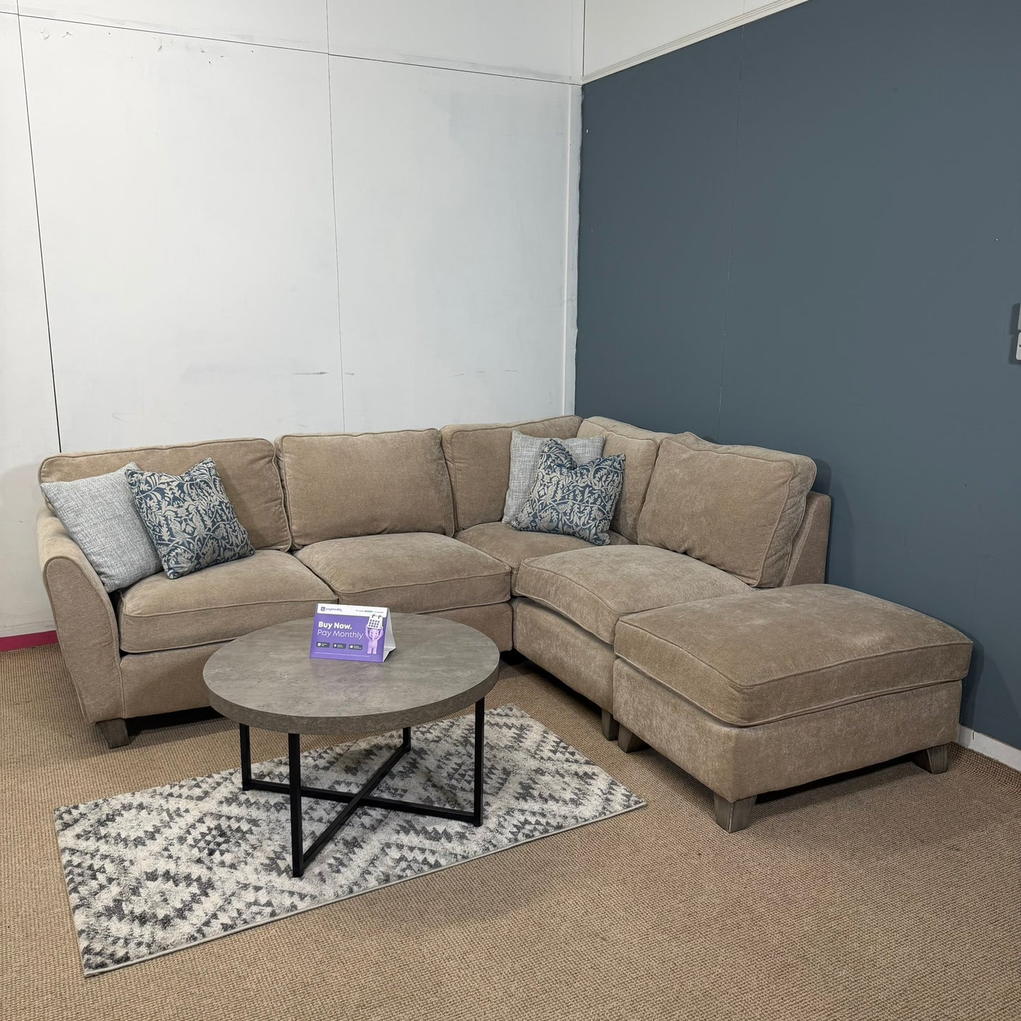 Large Beige Corner Sofa & Footstool