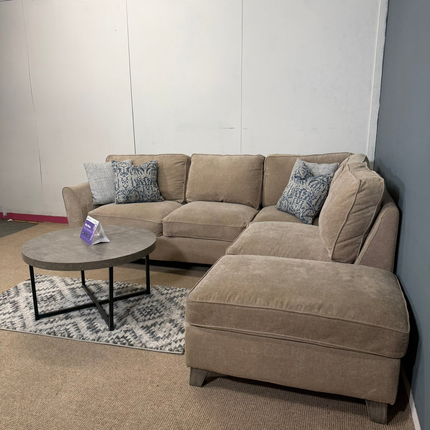 Large Beige Corner Sofa & Footstool