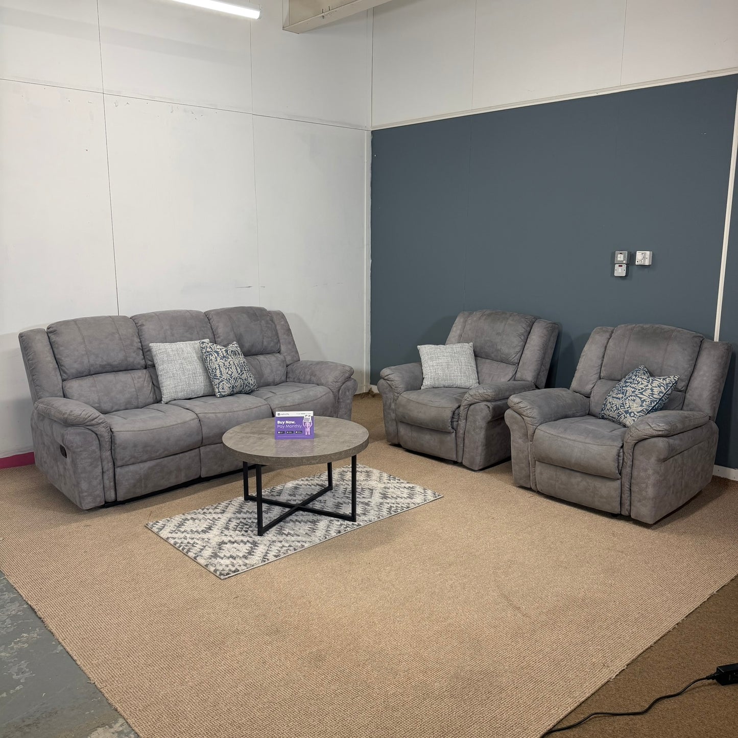 Grey Crushed Manual Recliner Set, 3,1,1