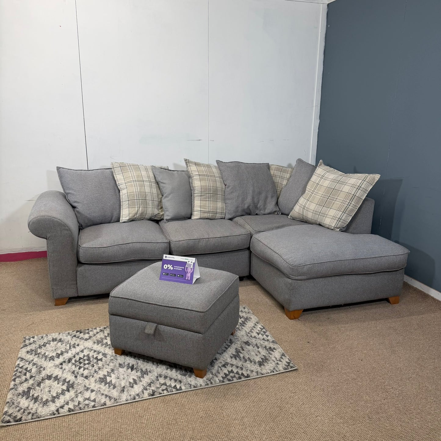 DFS Grey Fabric Corner Sofa & Footstool