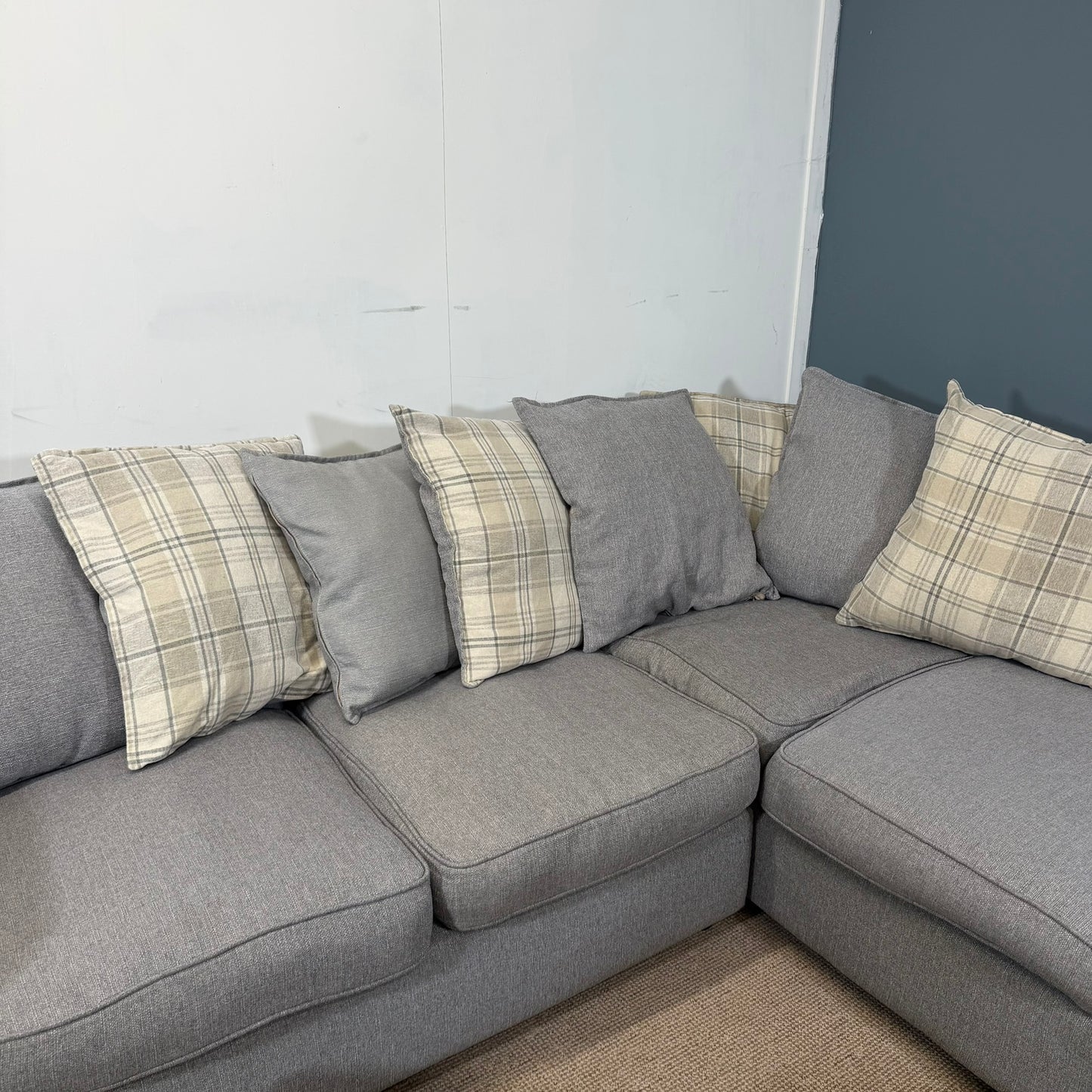 DFS Grey Fabric Corner Sofa & Footstool