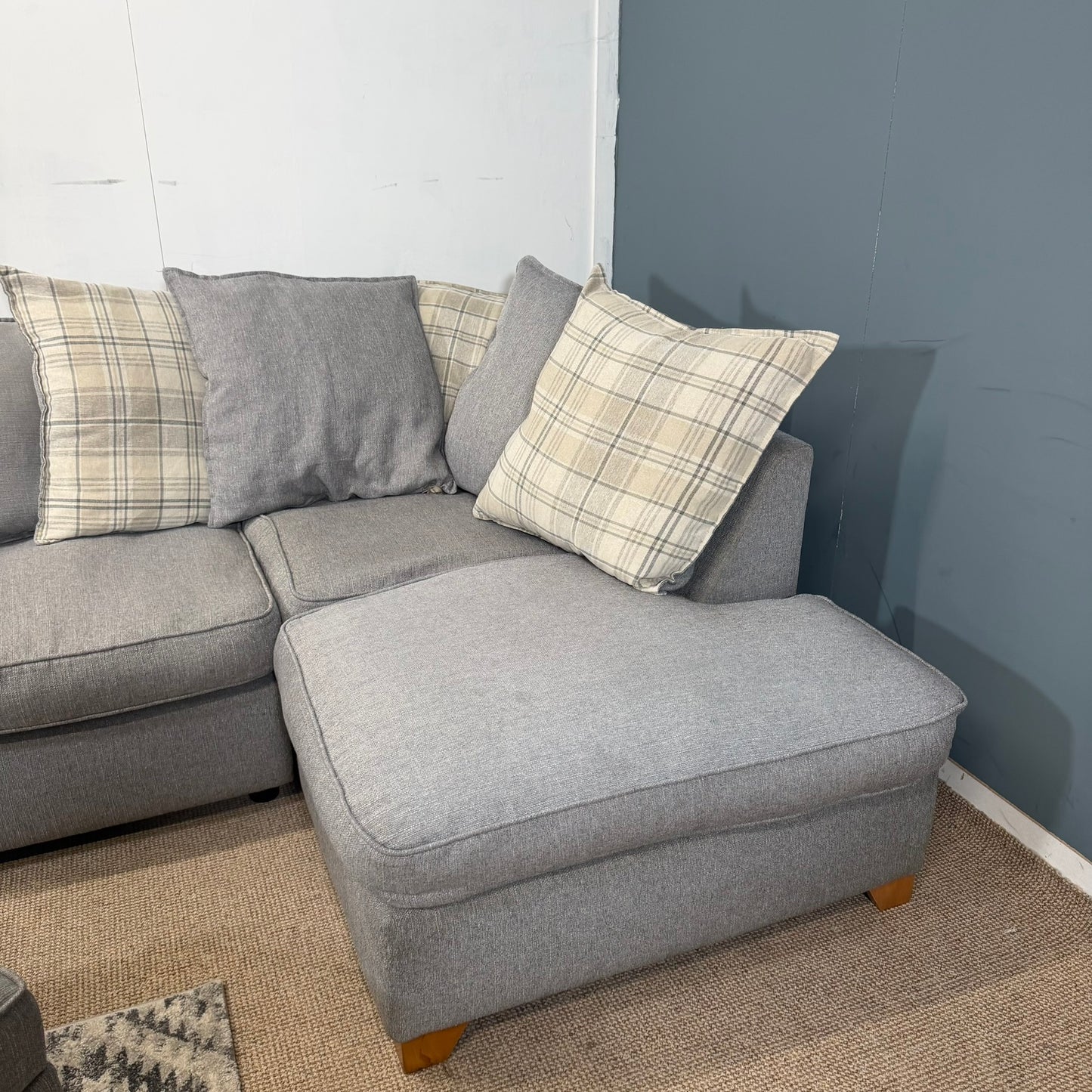 DFS Grey Fabric Corner Sofa & Footstool