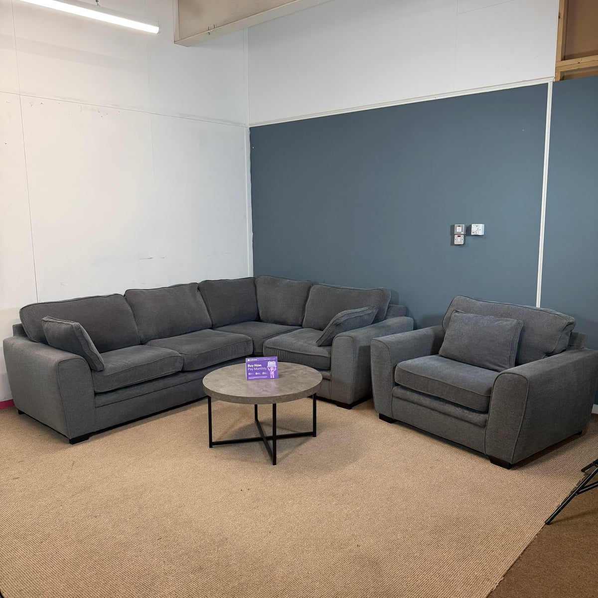 Large Grey Fabric Corner Sofa & Armchair
